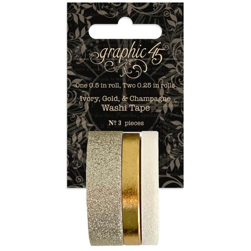 Graphic 45 - Staples - Glitter & Gloss Washi Tape Set – Ivory, Gold, & Champagne