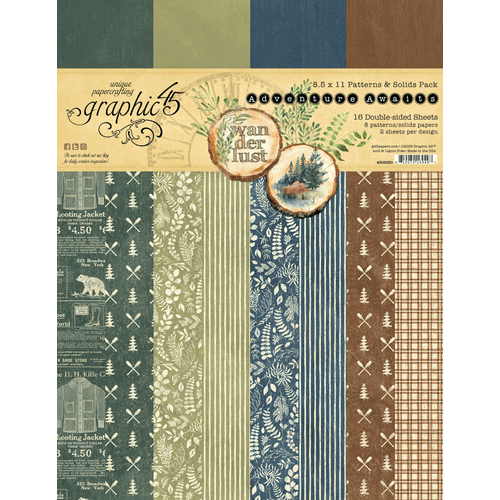 Graphic 45 - Adventure Awaits - 8.5x11 Patterns & Solids Pack