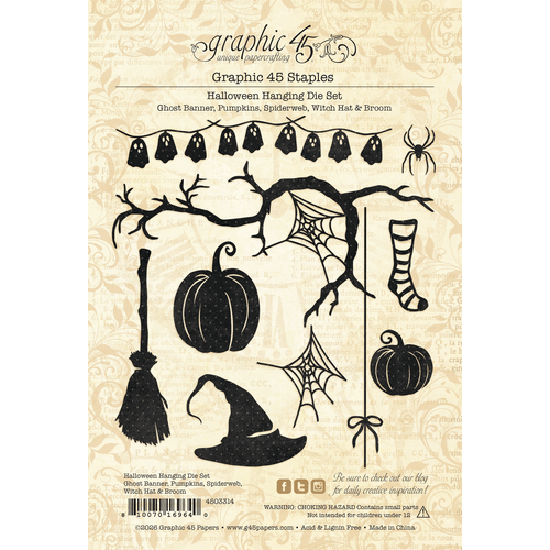 Graphic 45 - Halloween Hanging Die Set – Ghost Banner, Pumpkins, Spiderweb, Witch Hat & Broom