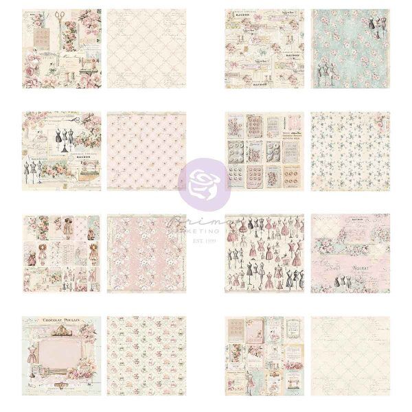 Prima - Buttons & Keepsakes 12×12 Paper Pad – 16 sheets – 8 double sided designs w/ foil detail x 2 sheets each