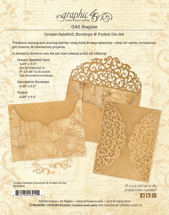 Graphic 45 - Staples - Ornate Gatefold, Envelope & Pocket Die Set