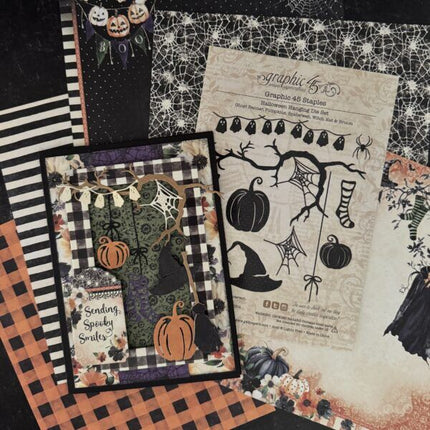 Graphic 45 - Halloween Hanging Die Set – Ghost Banner, Pumpkins, Spiderweb, Witch Hat & Broom