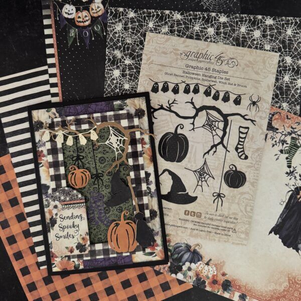 Graphic 45 - Halloween Hanging Die Set – Ghost Banner, Pumpkins, Spiderweb, Witch Hat & Broom