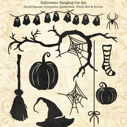 Graphic 45 - Halloween Hanging Die Set – Ghost Banner, Pumpkins, Spiderweb, Witch Hat & Broom