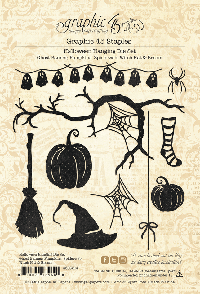Graphic 45 - Halloween Hanging Die Set – Ghost Banner, Pumpkins, Spiderweb, Witch Hat & Broom