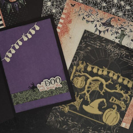 Graphic 45 - Halloween Hanging Die Set – Ghost Banner, Pumpkins, Spiderweb, Witch Hat & Broom