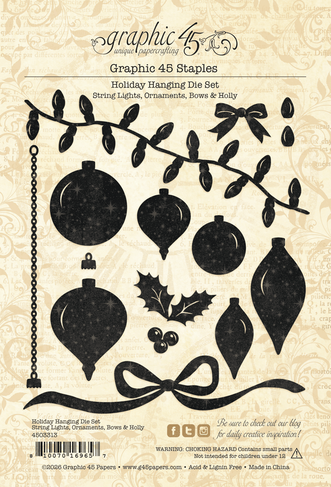 Graphic 45 - Holiday Hanging Die Set – String Lights, Ornaments, Bows & Holly