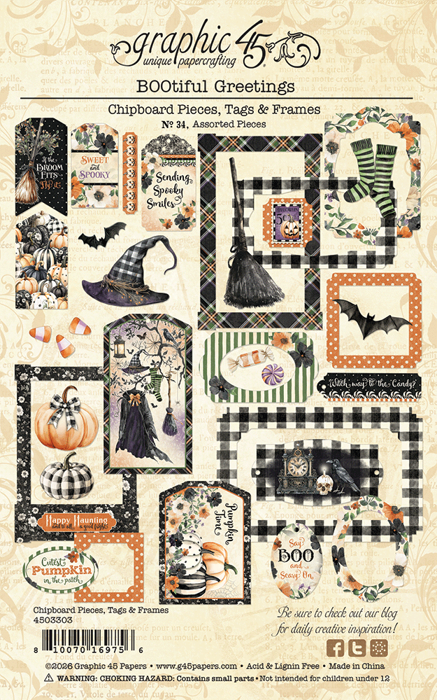 Graphic 45 - Bootiful Greetings - Chipboard Tags & Frames